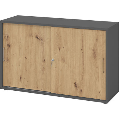 Sliding door cupboard, height 748 mm, 1 shelf, graphite / knotty oak.