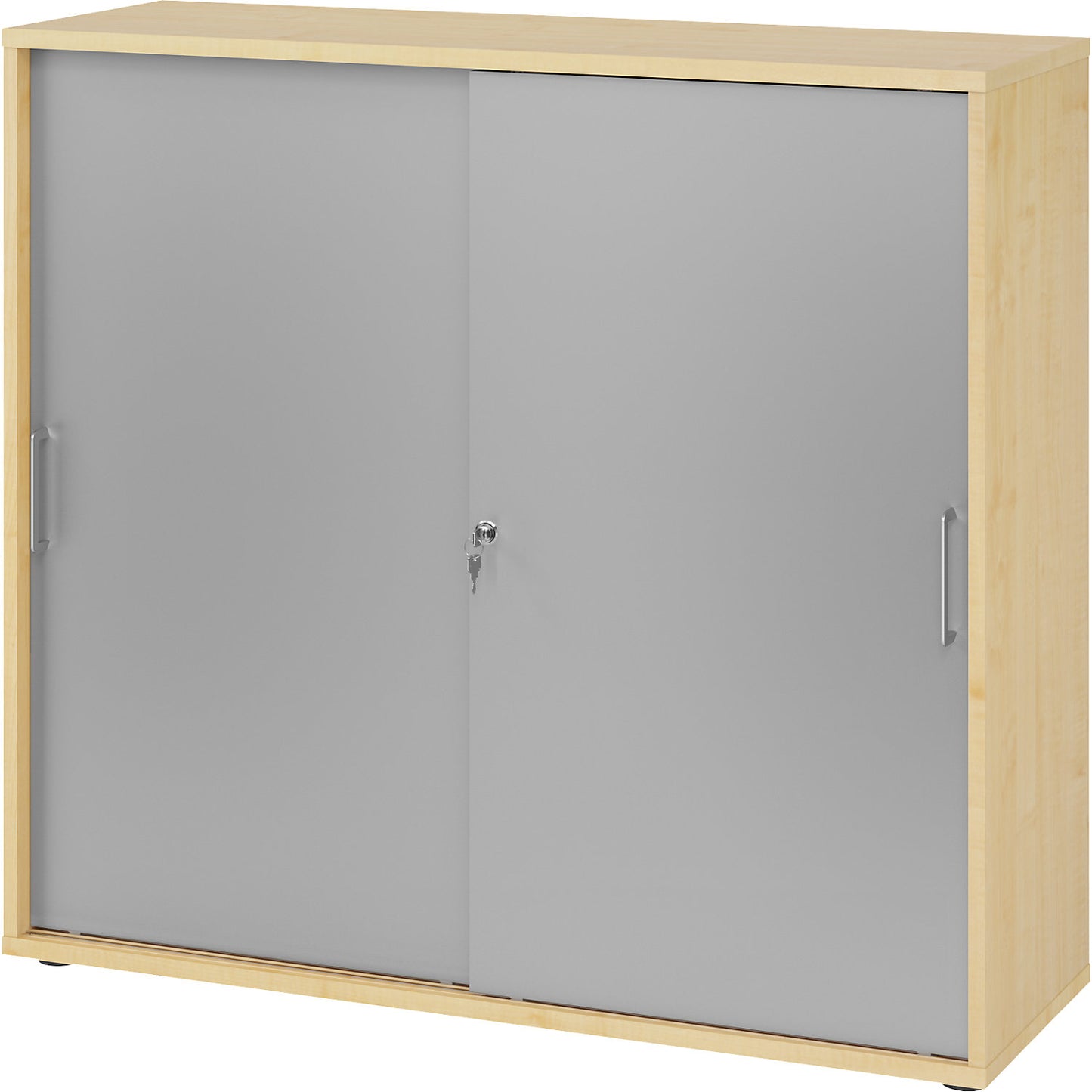 Sliding door cupboard, height 1100 mm, 2 shelves, light grey / aluminium silver.