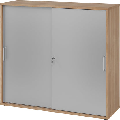 Sliding door cupboard, height 1100 mm, 2 shelves, walnut finish / aluminium silver.