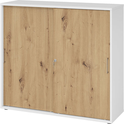 Sliding door cupboard, height 1100 mm, 2 shelves, white / knotty oak.