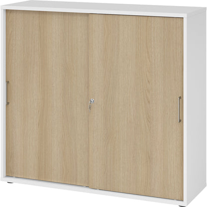 Sliding door cupboard, height 1100 mm, 2 shelves, white / oak.