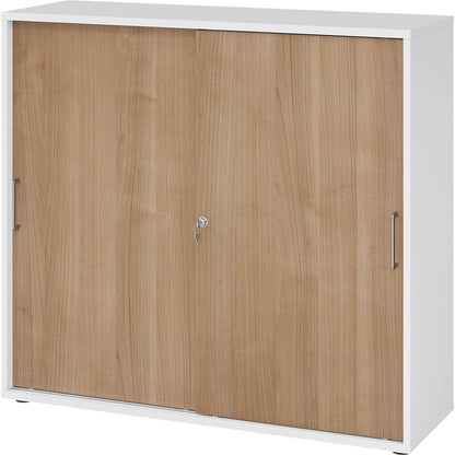 Sliding door cupboard, height 1100 mm, 2 shelves, white / walnut finish.
