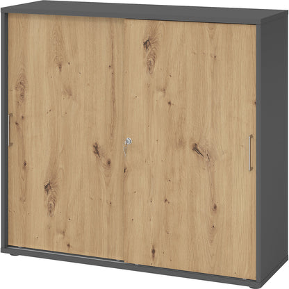Sliding door cupboard, height 1100 mm, 2 shelves, graphite / knotty oak.