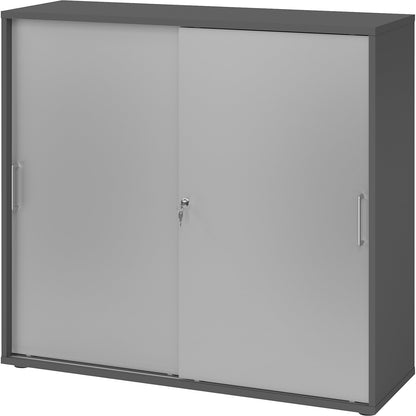 Sliding door cupboard, height 1100 mm, 2 shelves, graphite / aluminium silver.