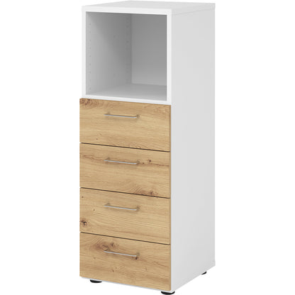 RENATUS - Shelf unit, 1 open compartment / 4 drawers, white / knotty oak.