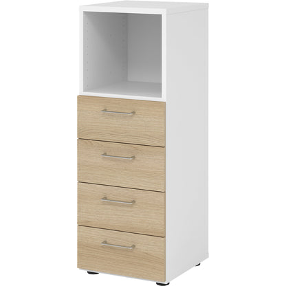 RENATUS - Shelf unit, 1 open compartment / 4 drawers, white / oak.