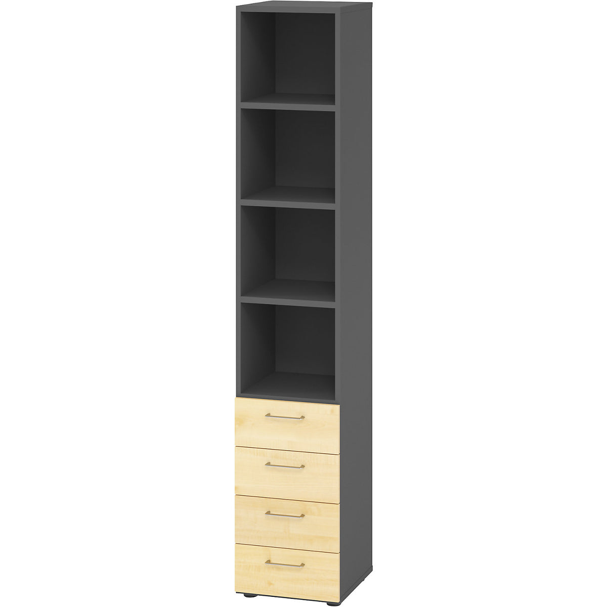 RENATUS - Shelf unit, 3 shelves / 4 drawers, graphite / maple.