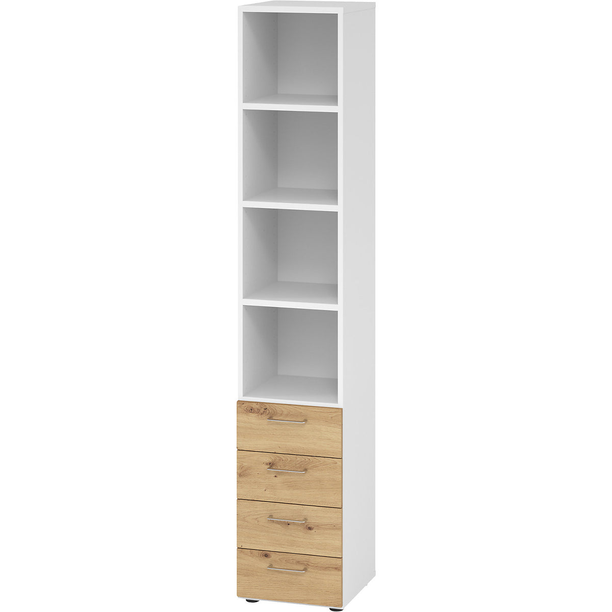 RENATUS - Shelf unit, 3 shelves / 4 drawers, white / knotty oak.