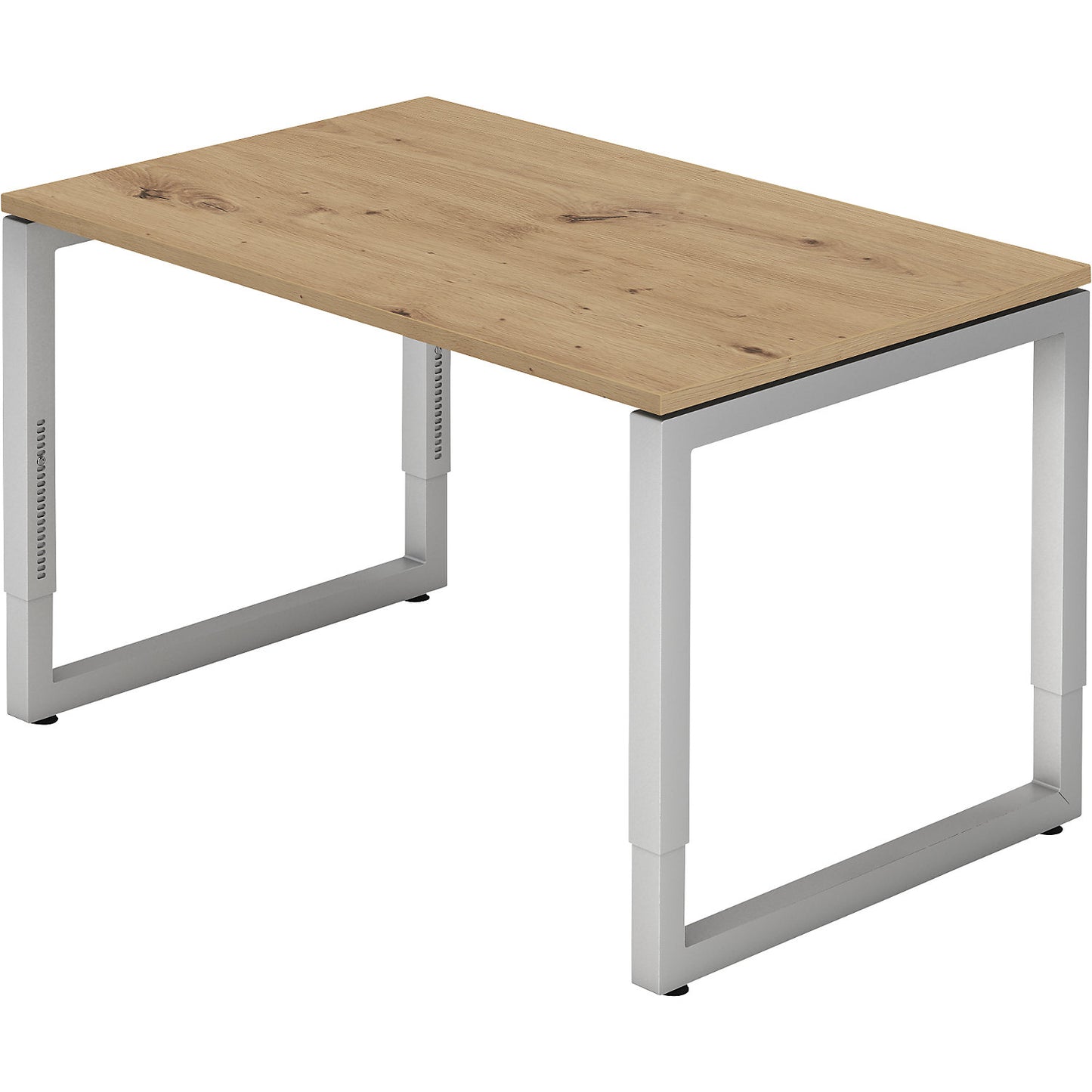 Desk with frame made of rectangular tubular steel, height 650 - 850 mm, WxD 1200 x 800 mm, knotty oak / aluminium silver.