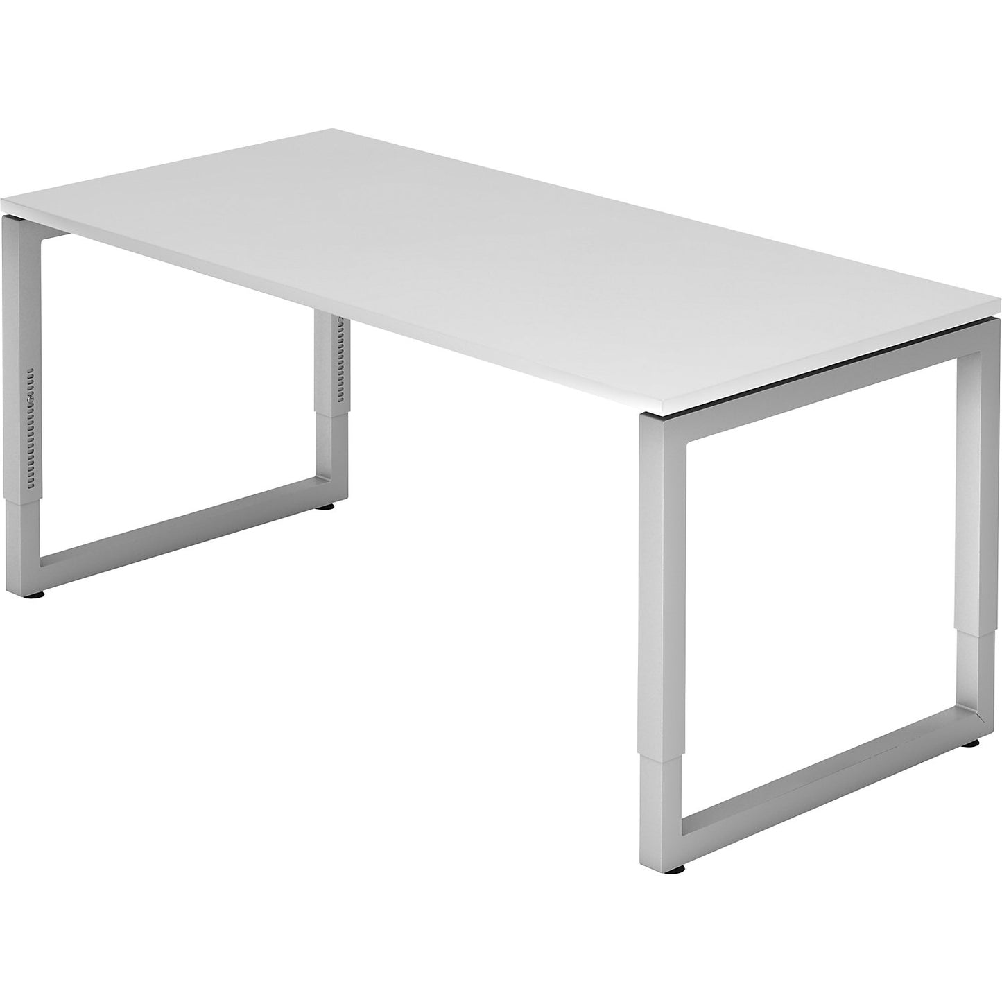 Desk with frame made of rectangular tubular steel, height 650 - 850 mm, WxD 1600 x 800 mm, white / aluminium silver.