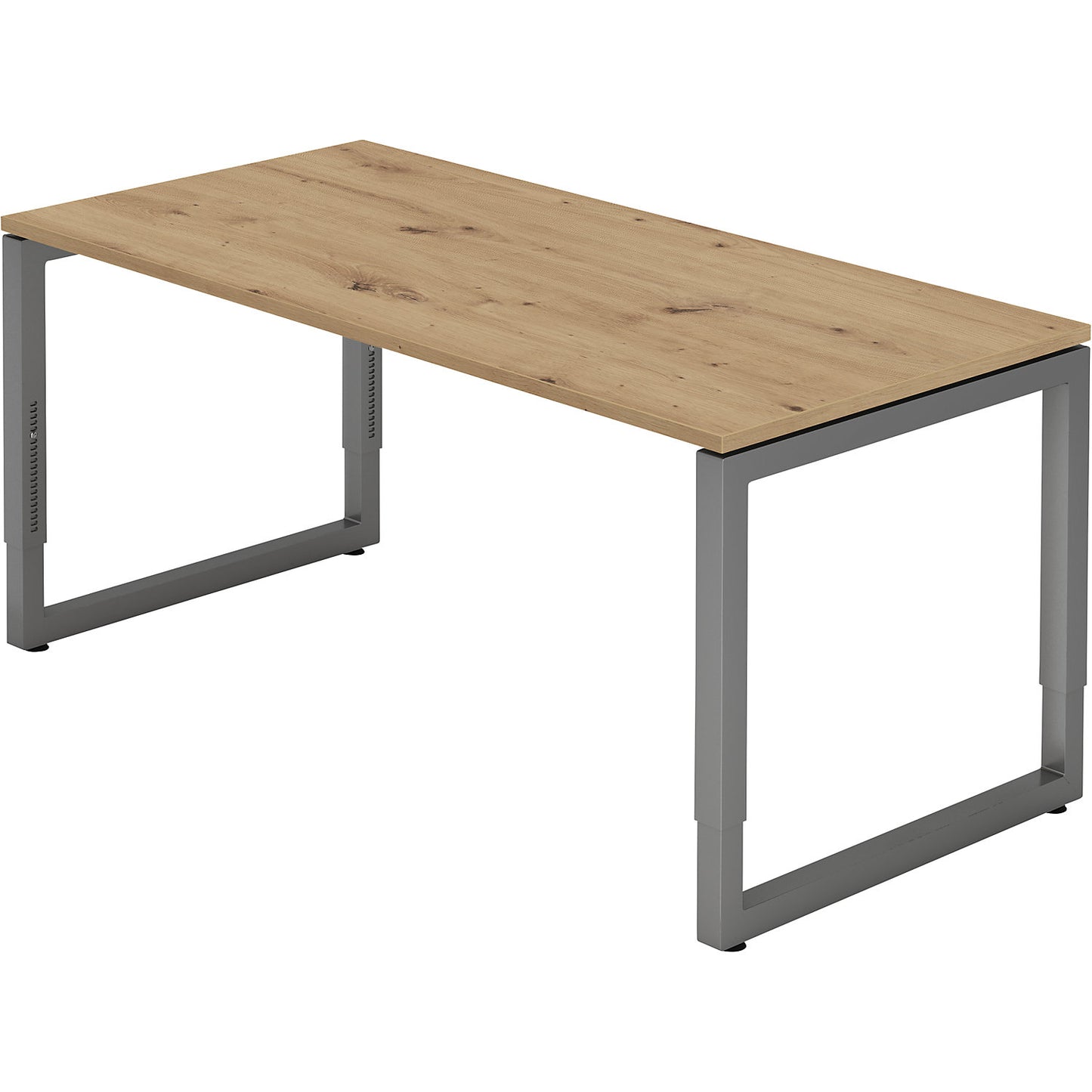 Desk with frame made of rectangular tubular steel, height 650 - 850 mm, WxD 1600 x 800 mm, knotty oak / graphite.