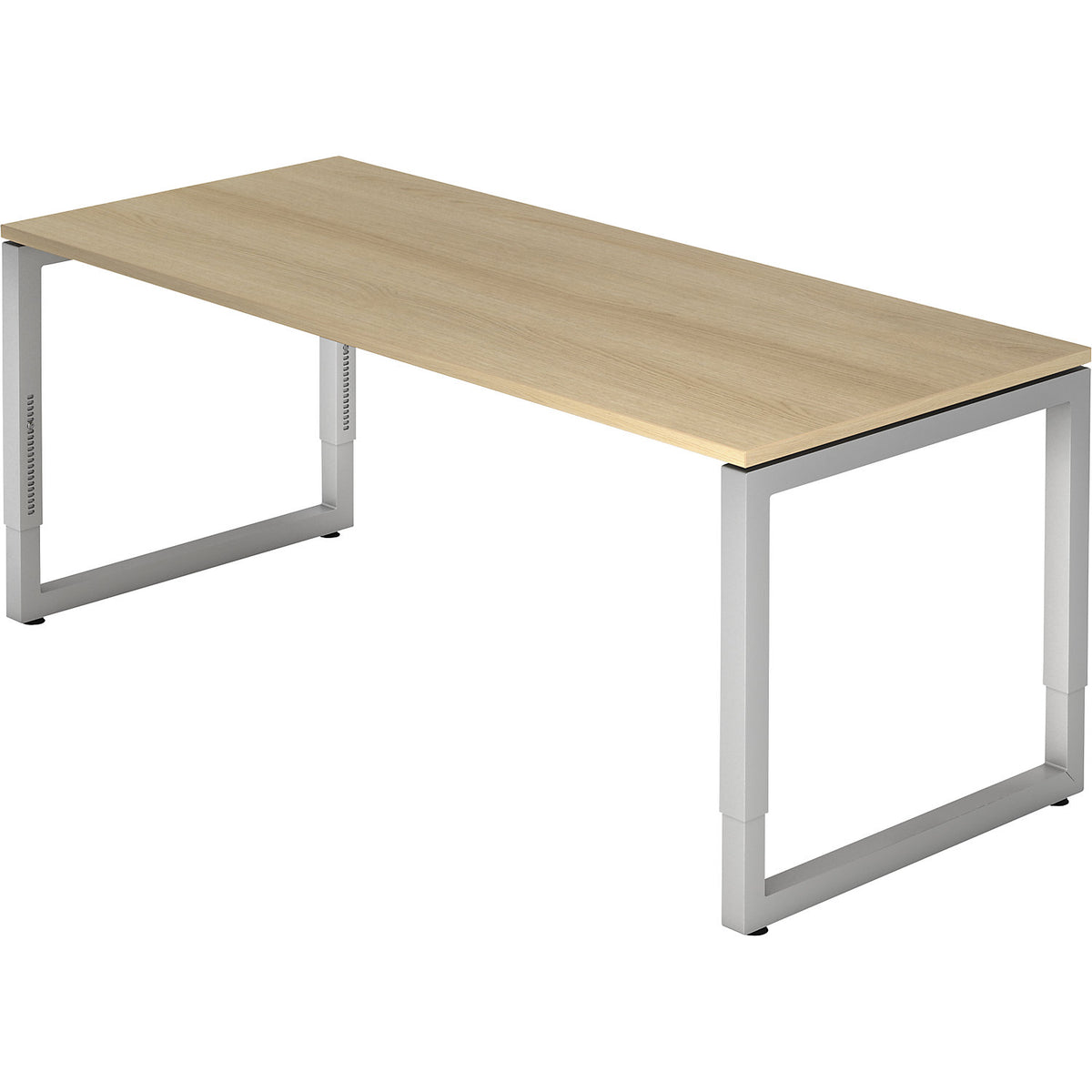 Desk with frame made of rectangular tubular steel, height 650 - 850 mm, WxD 1800 x 800 mm, oak / aluminium silver.