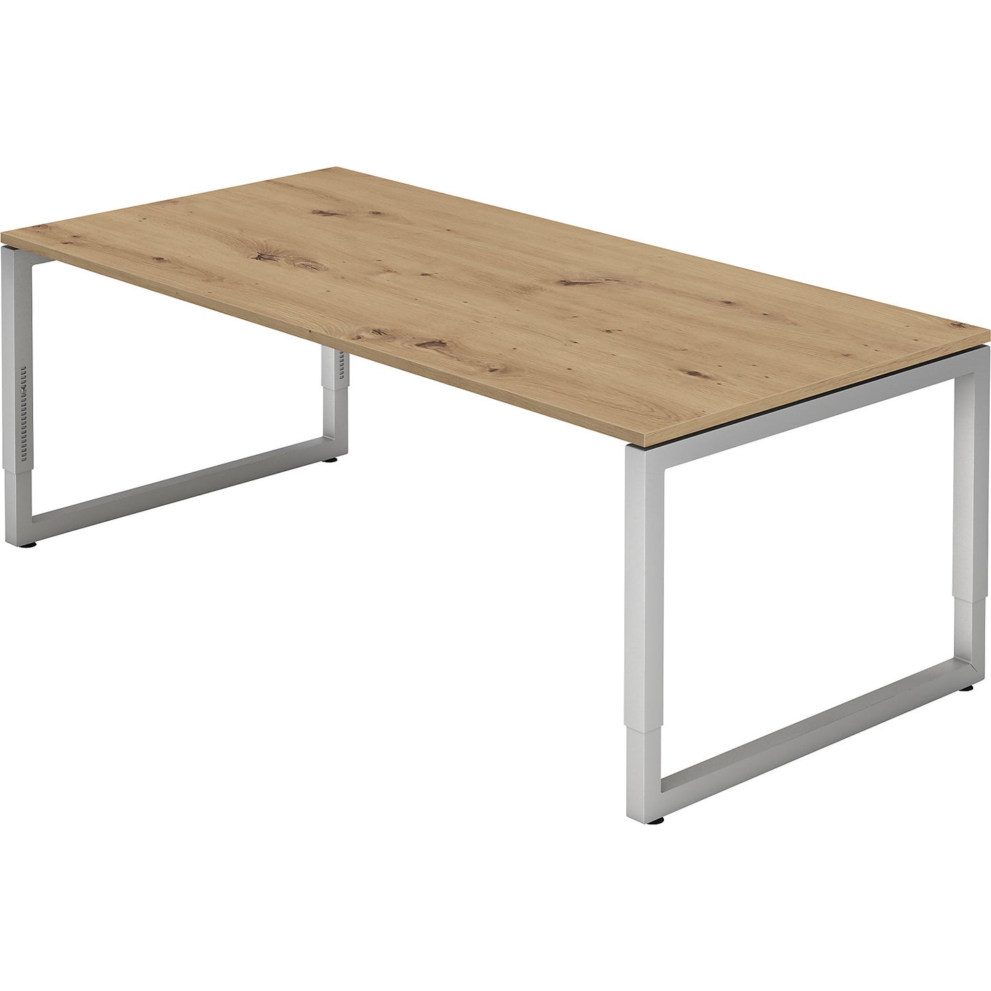 Desk with frame made of rectangular tubular steel, height 650 - 850 mm, WxD 2000 x 1000 mm, knotty oak / aluminium silver.