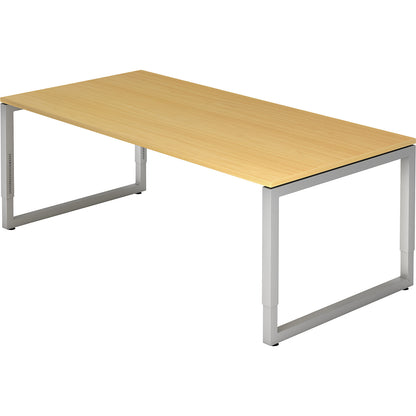 Desk with frame made of rectangular tubular steel, height 650 - 850 mm, WxD 2000 x 1000 mm, beech / aluminium silver.