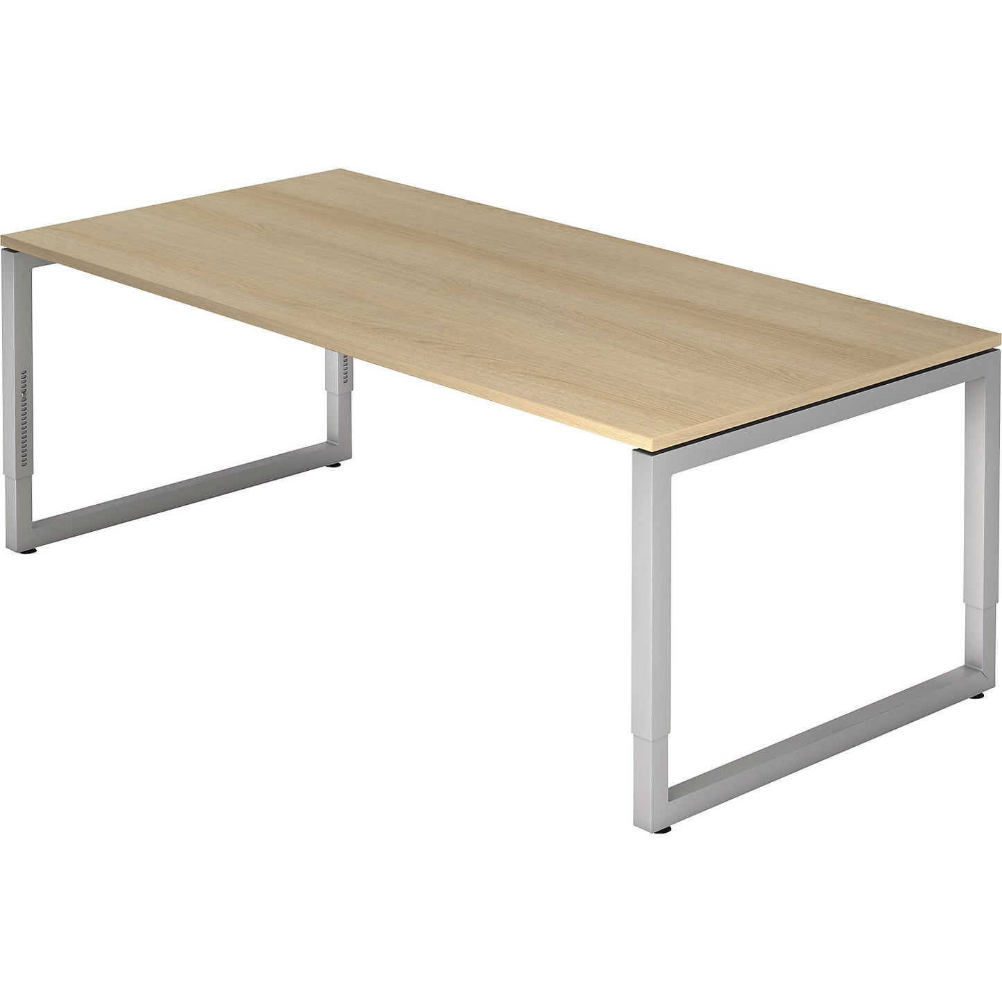 Desk with frame made of rectangular tubular steel, height 650 - 850 mm, WxD 2000 x 1000 mm, oak / aluminium silver.