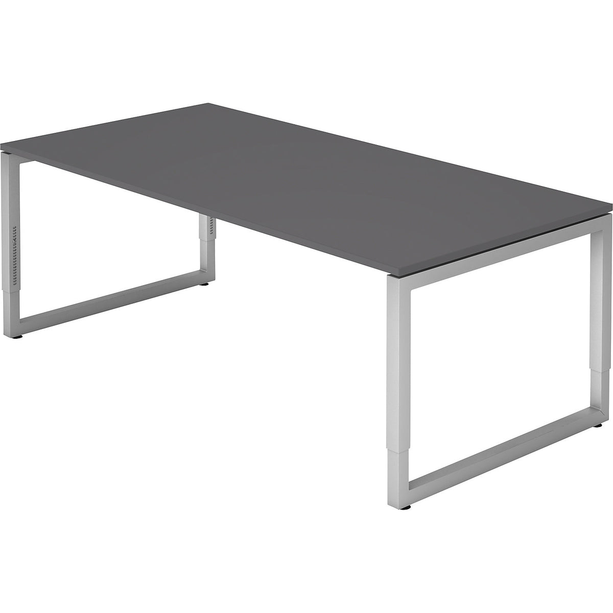 Desk with frame made of rectangular tubular steel, height 650 - 850 mm, WxD 2000 x 1000 mm, graphite / aluminium silver.