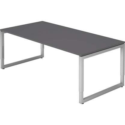 Desk with frame made of rectangular tubular steel, height 650 - 850 mm, WxD 2000 x 1000 mm, graphite / aluminium silver.