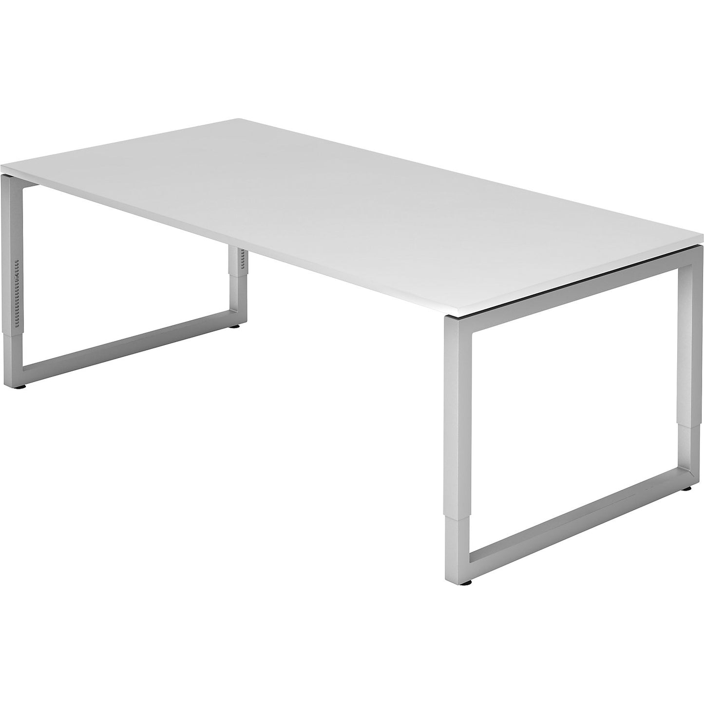 Desk with frame made of rectangular tubular steel, height 650 - 850 mm, WxD 2000 x 1000 mm, white / aluminium silver.