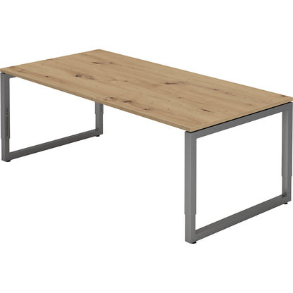 Desk with frame made of rectangular tubular steel, height 650 - 850 mm, WxD 2000 x 1000 mm, knotty oak / graphite.
