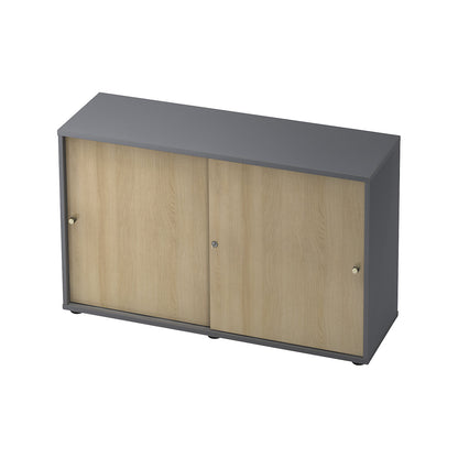 Sliding door cupboard, 1 shelf, centre partition, graphite / oak.