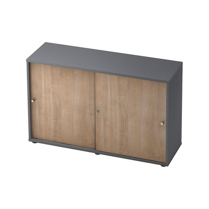 Sliding door cupboard, 1 shelf, centre partition, graphite / walnut finish.