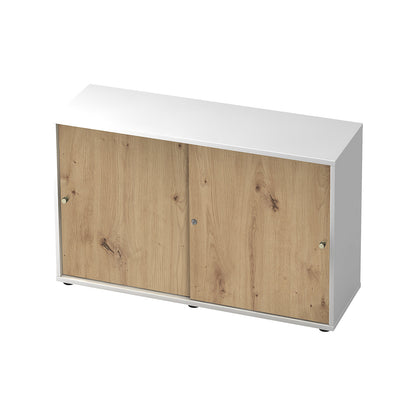 Sliding door cupboard, 1 shelf, centre partition, white / knotty oak.