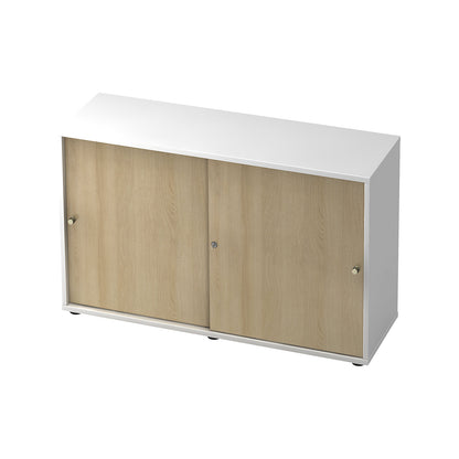 Sliding door cupboard, 1 shelf, centre partition, white / oak.