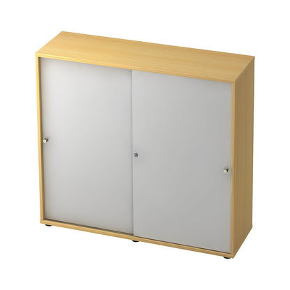 Sliding door cupboard, 2 shelves, centre partition, beech / aluminium silver.