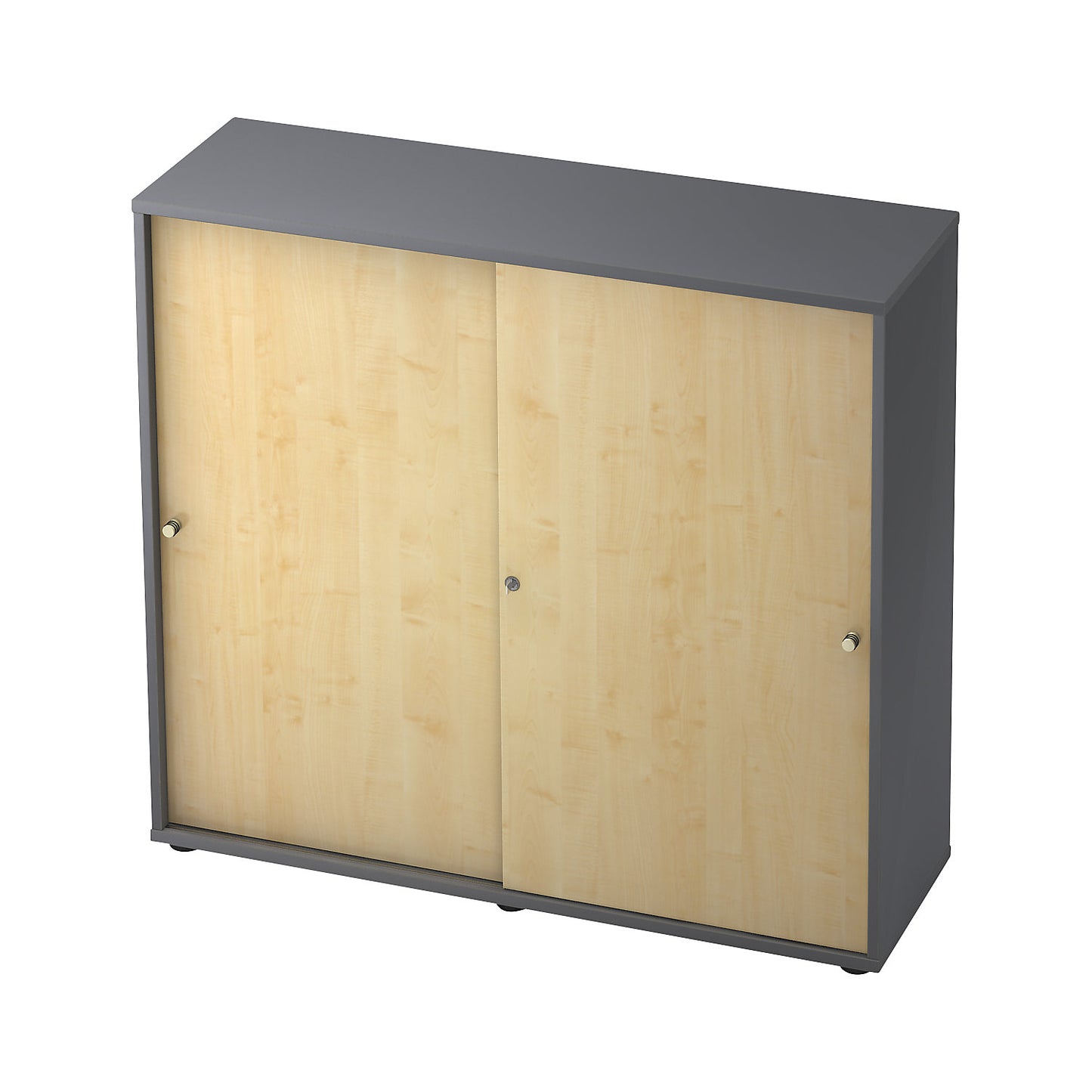 Sliding door cupboard, 2 shelves, centre partition, graphite / maple finish.