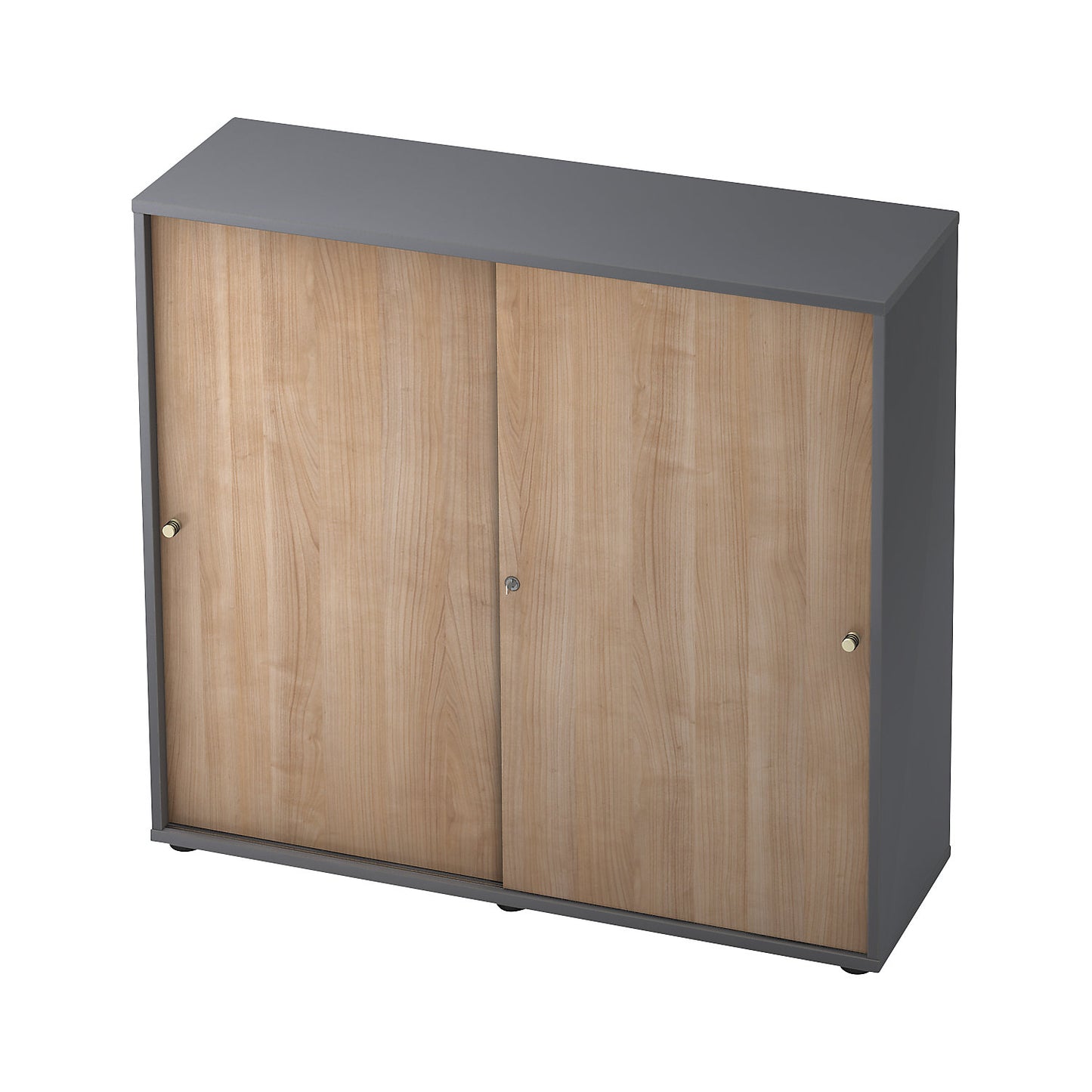Sliding door cupboard, 2 shelves, centre partition, graphite / walnut finish.