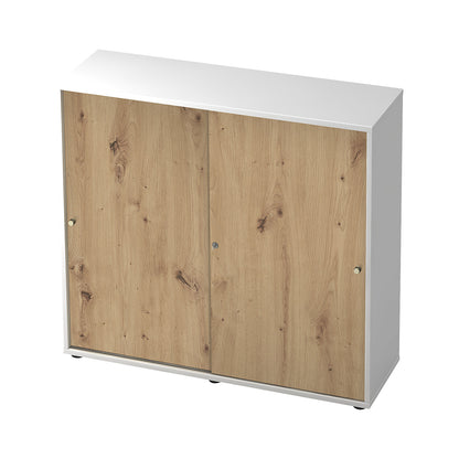 Sliding door cupboard, 2 shelves, centre partition, white / knotty oak.