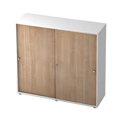 Sliding door cupboard, 2 shelves, centre partition, white / walnut finish.