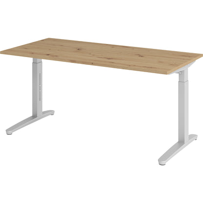 ANNY - Desk with C-foot frame, height adjustable 650 - 850 mm, width 1600 mm, knotty oak / aluminium silver.
