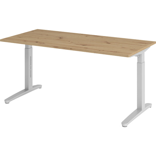 ANNY - Desk with C-foot frame, height adjustable 650 - 850 mm, width 1600 mm, knotty oak / aluminium silver.