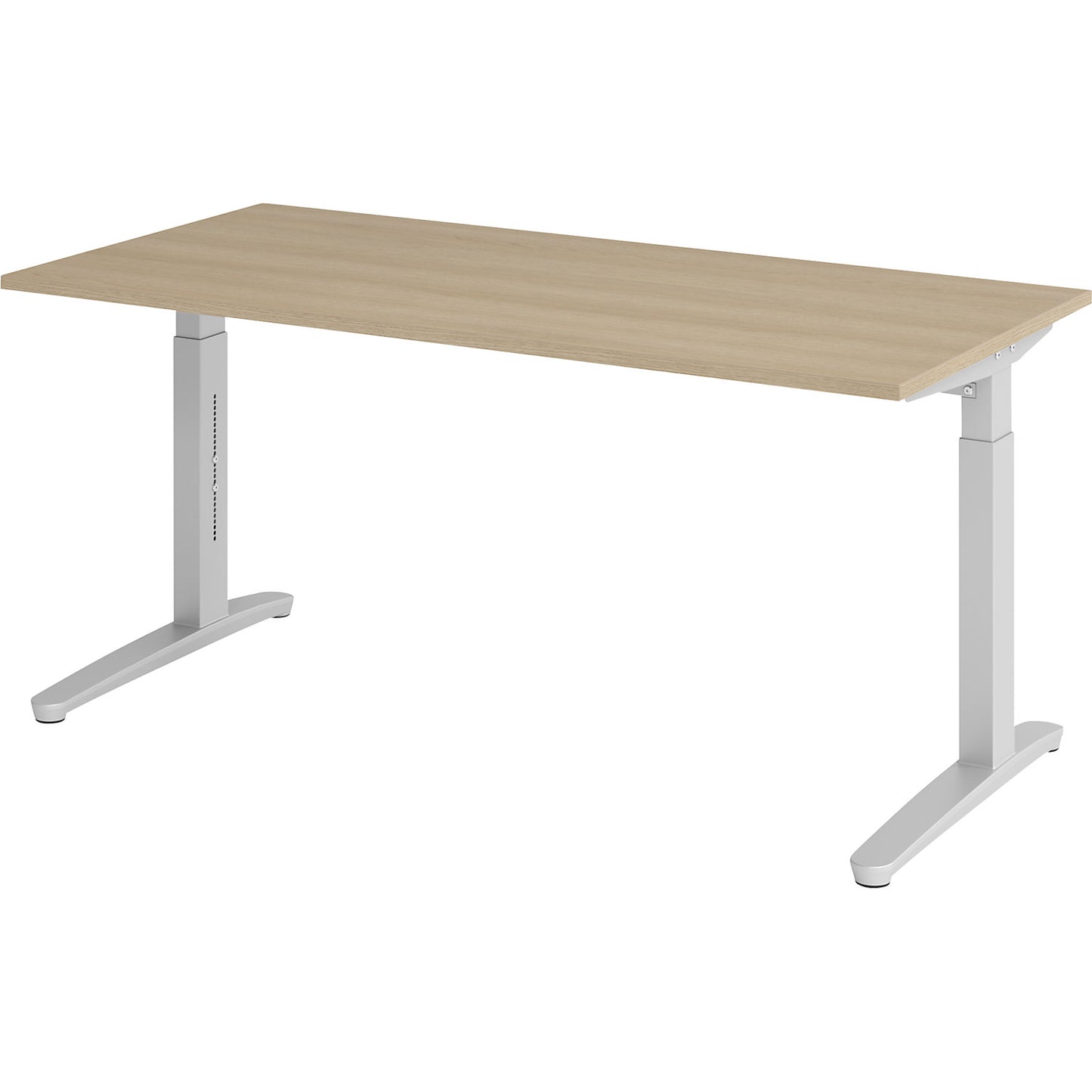 ANNY - Desk with C-foot frame, height adjustable 650 - 850 mm, width 1600 mm, oak / aluminium silver.