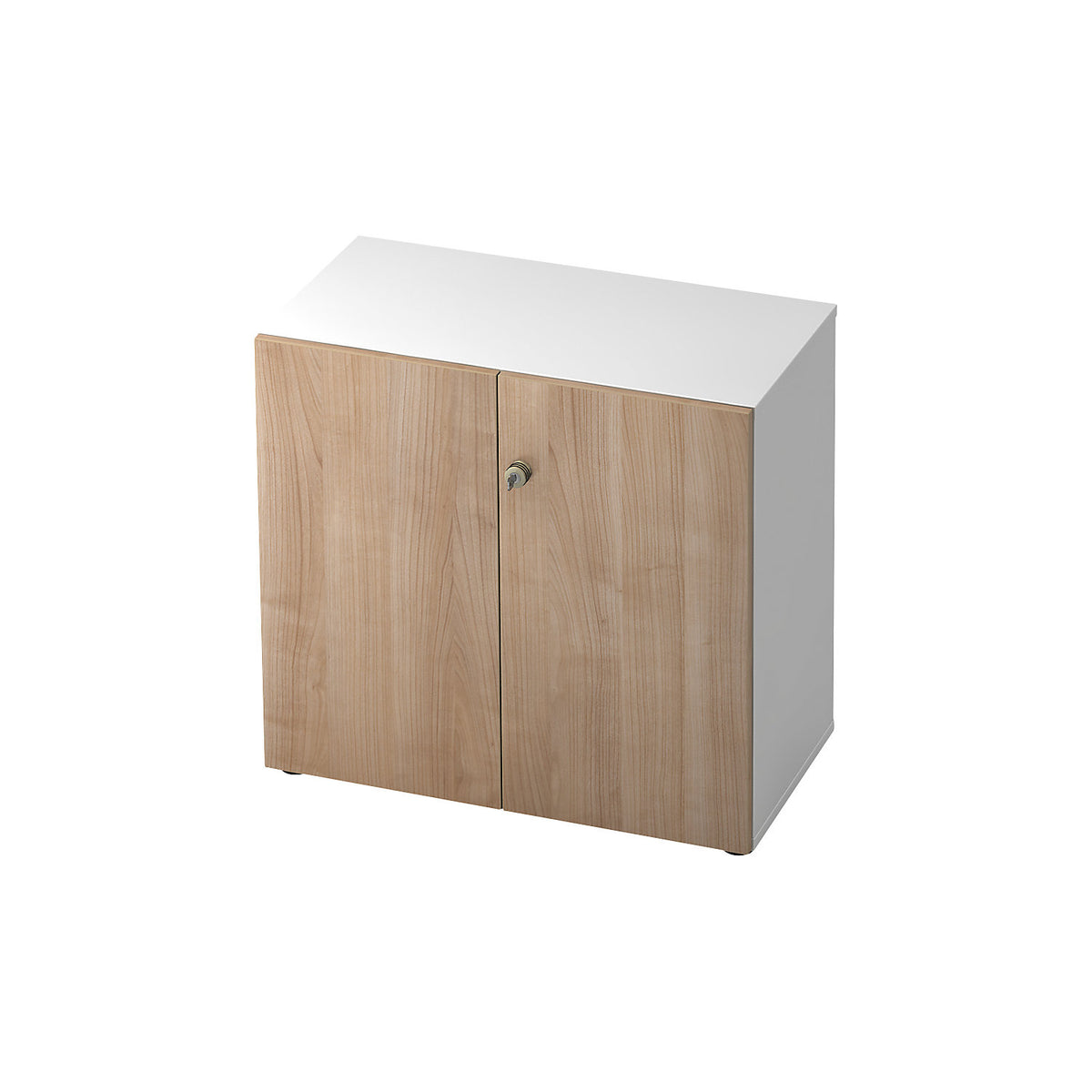 Filing cupboard, hinged doors, 1 shelf, white / walnut finish.