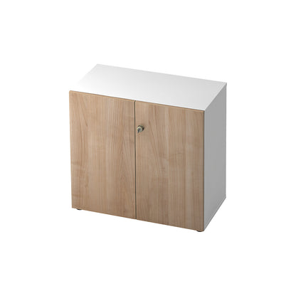 Filing cupboard, hinged doors, 1 shelf, white / walnut finish.
