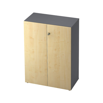 Filing cupboard, hinged doors, 2 shelves, graphite / maple finish.