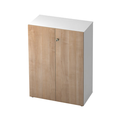 Filing cupboard, hinged doors, 2 shelves, white / walnut finish.