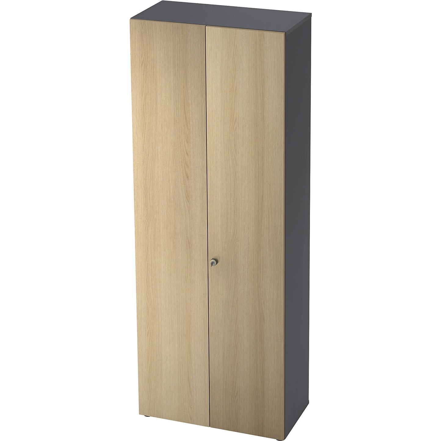 Filing cupboard, hinged doors, 5 shelves, graphite / oak.