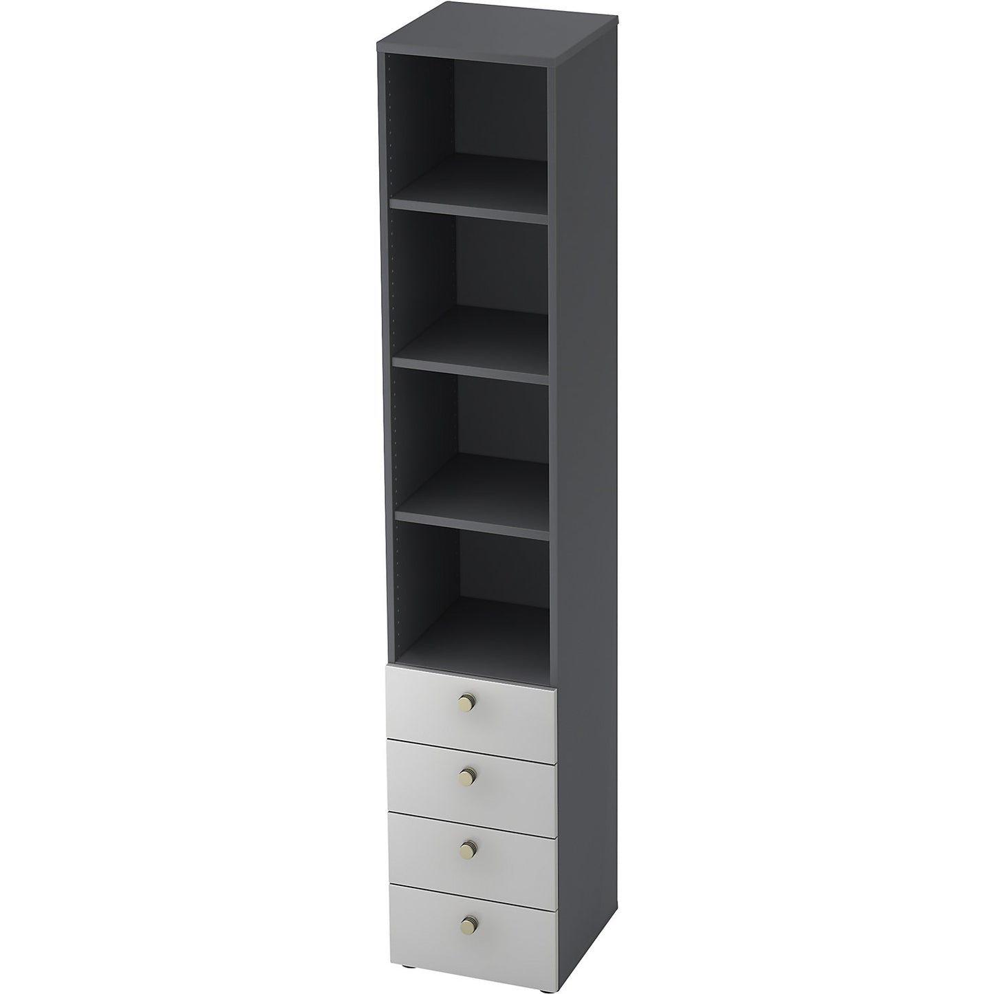 Combination cupboards, 3 shelves, 4 drawers, graphite / aluminium silver.