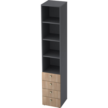 Combination cupboards, 3 shelves, 4 drawers, graphite / walnut finish.