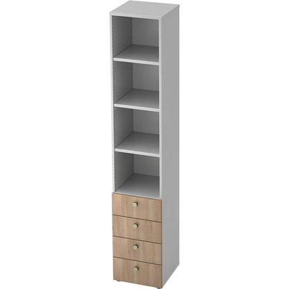 Combination cupboards, 3 shelves, 4 drawers, white / walnut finish.