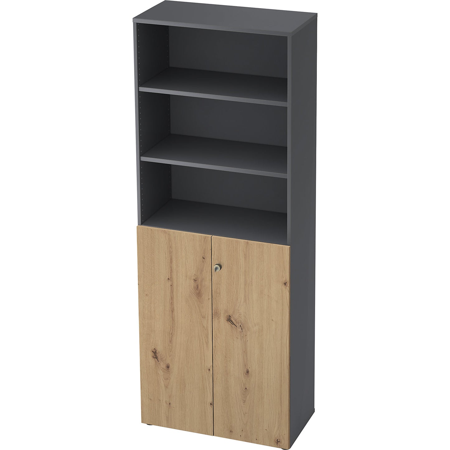Combination cupboards, 5 shelves, 2 hinged doors, graphite / knotty oak.