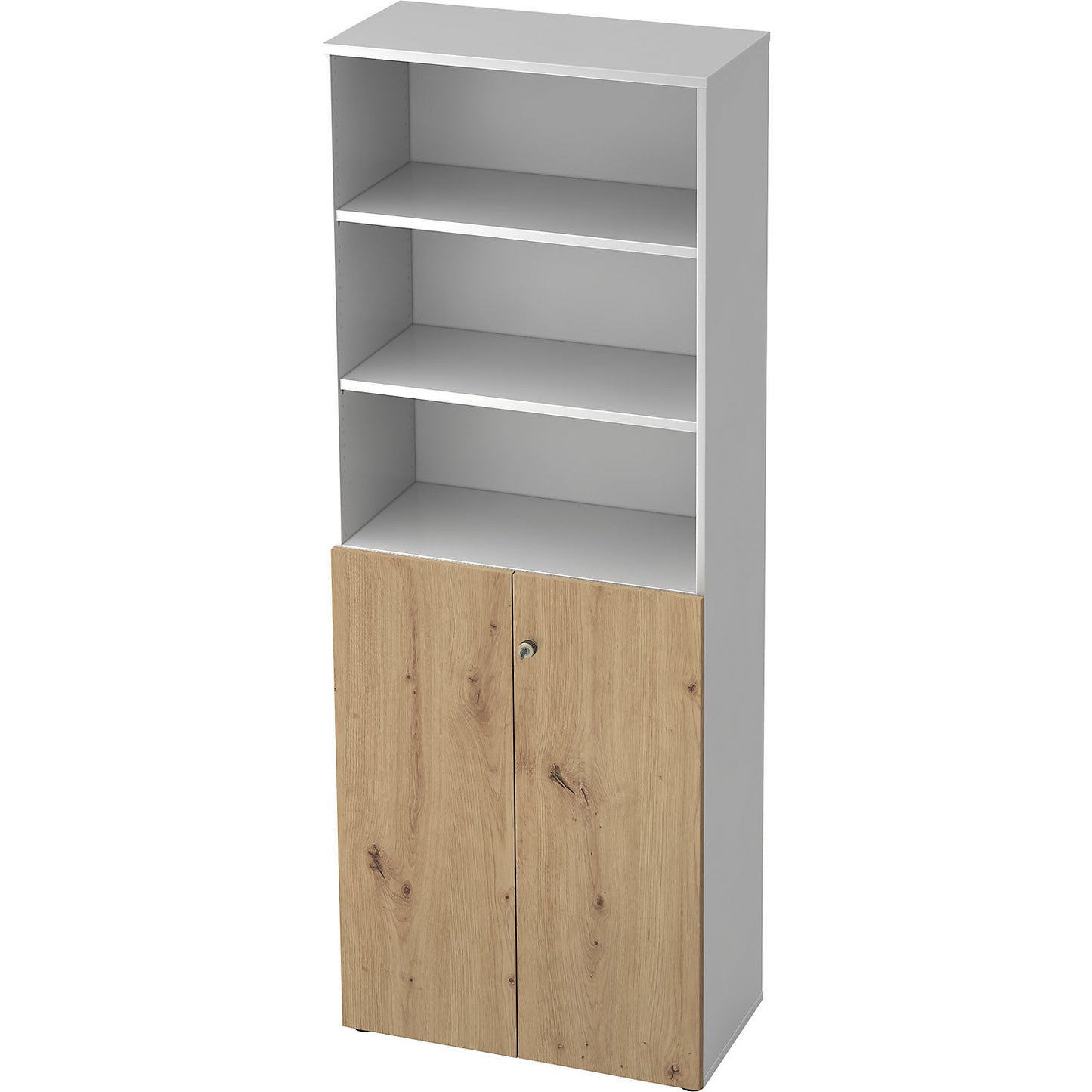 Combination cupboards, 5 shelves, 2 hinged doors, white / knotty oak.