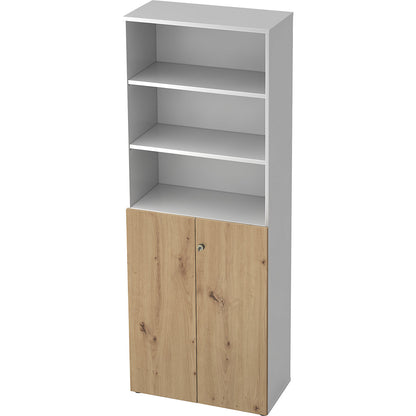Combination cupboards, 5 shelves, 2 hinged doors, white / knotty oak.