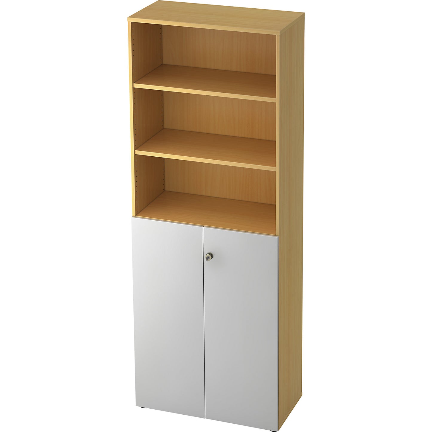 Combination cupboards, 5 shelves, 2 hinged doors, beech / aluminium silver.