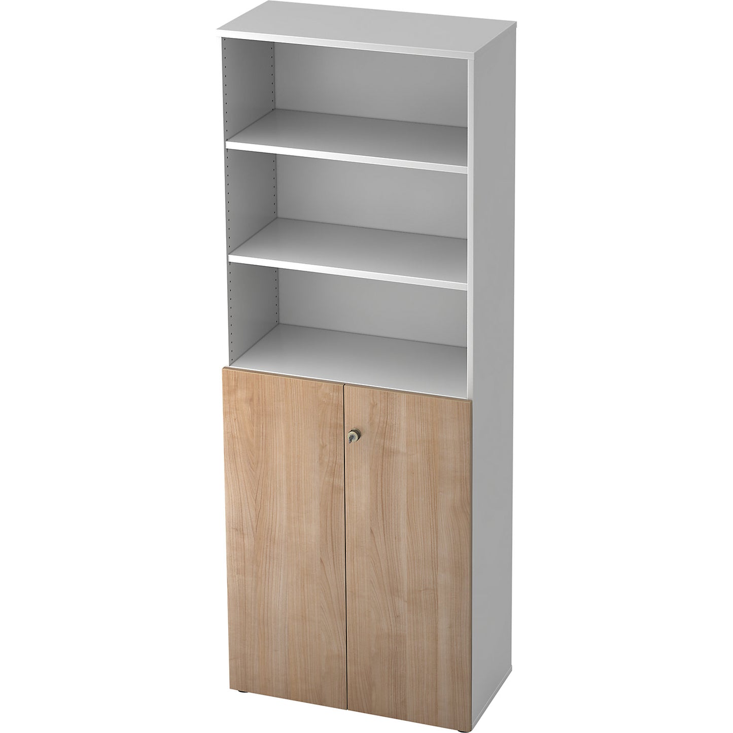 Combination cupboards, 5 shelves, 2 hinged doors, white / walnut finish.