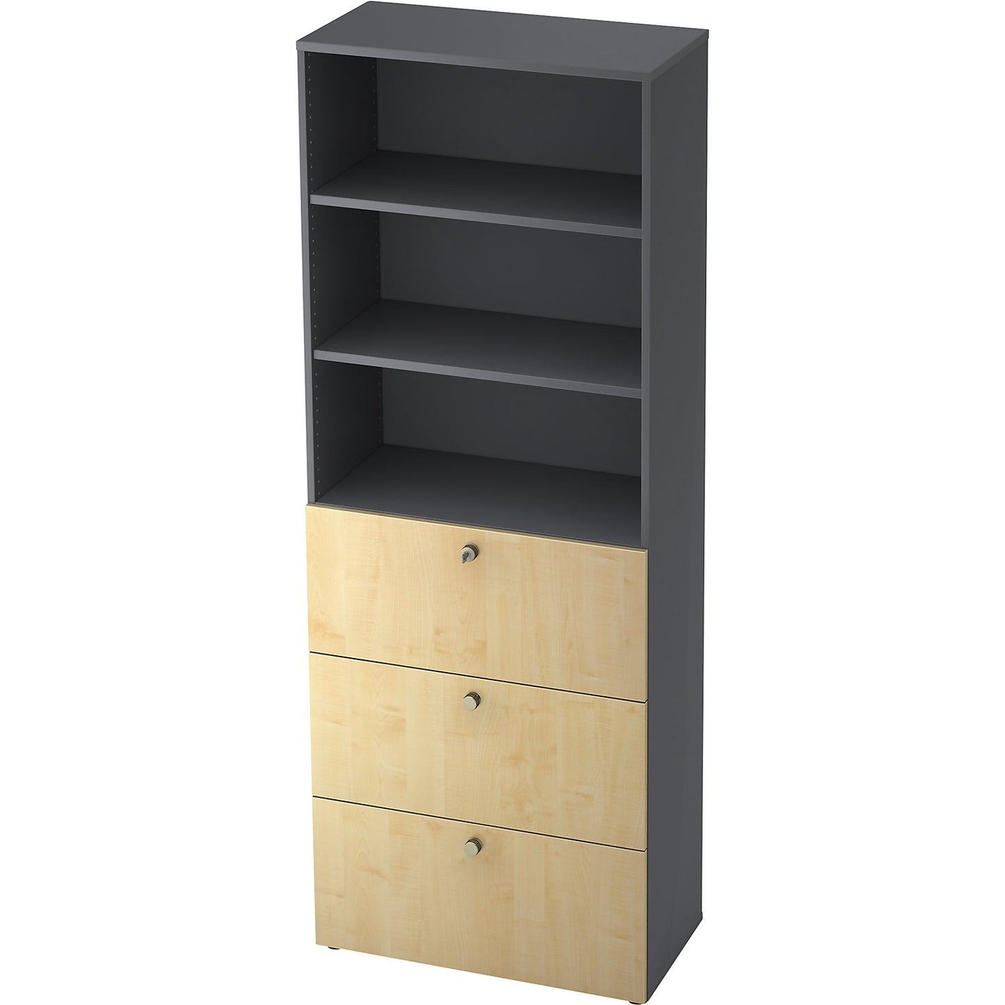 Combination cupboards, 2 shelves, 3 suspension file drawers, graphite / maple finish.