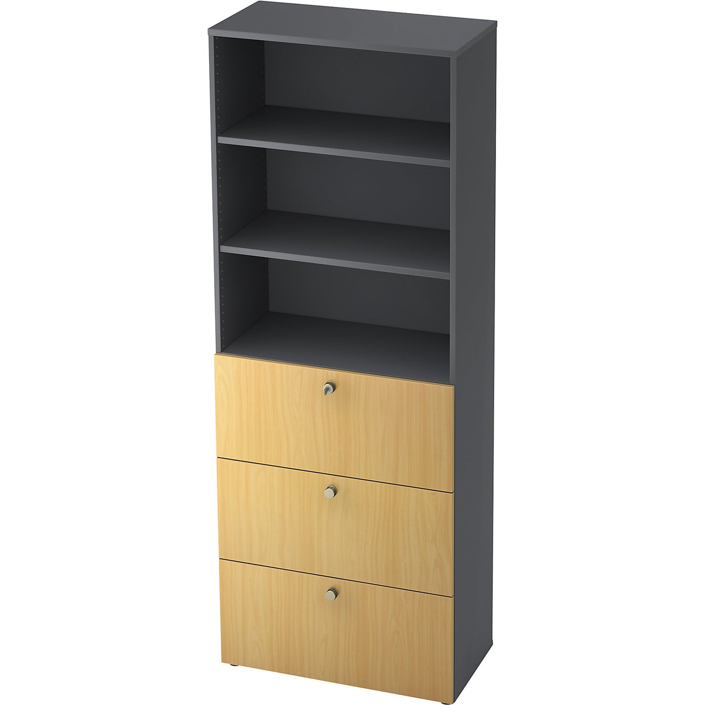 Combination cupboards, 2 shelves, 3 suspension file drawers, graphite / beech.
